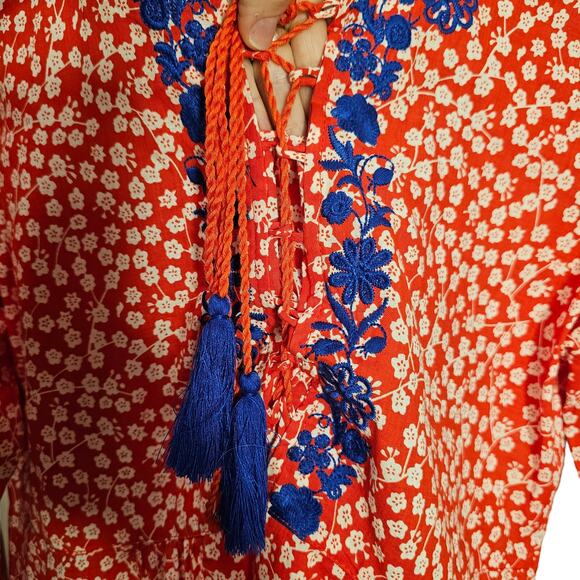 Solitaire Floral Summer Red Blue embroidered boho long sleeve blouse Size Medium - Picture 7 of 12